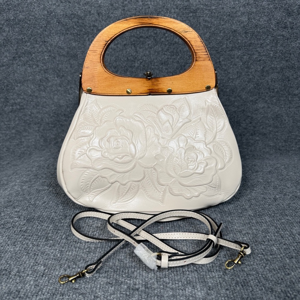 New Patricia Nash Mirabella Wood Frame Bag White Latte Leather Detachable Strap